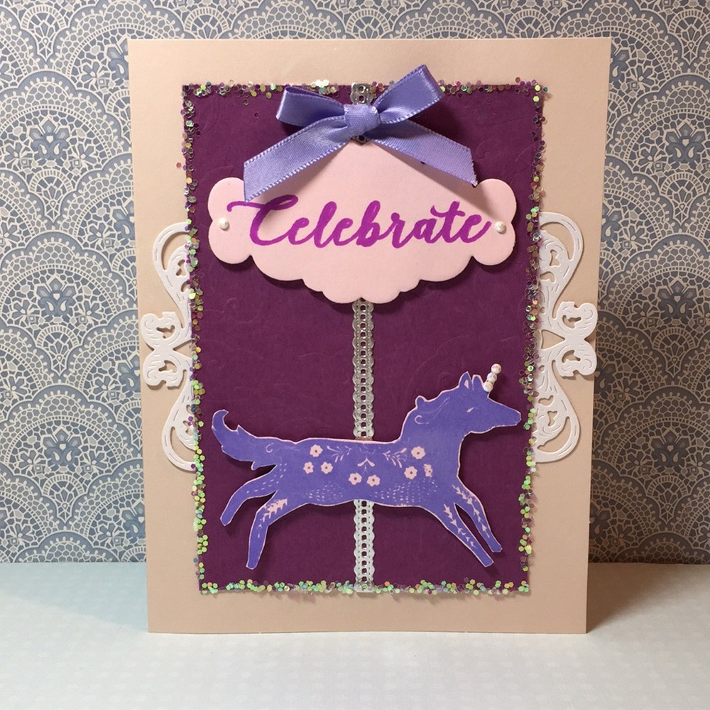 NEW Handmade Card Unicorn Carousel Celebrate